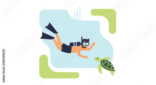Illustration of a Scuba Diver Swimming Underwater Near a Green Turtle