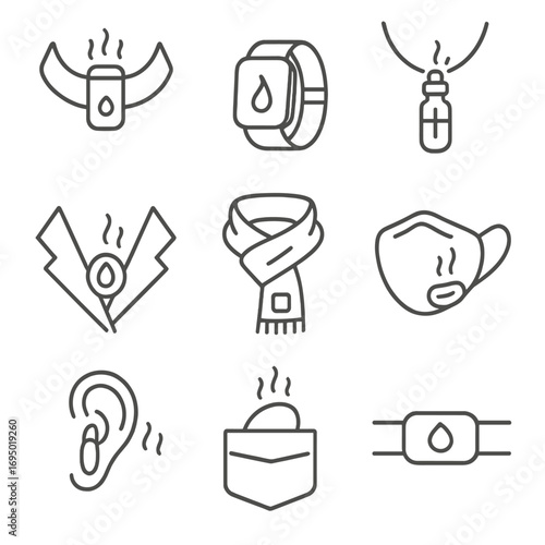 Wearable Aroma Icons. Line style icons of Wearable Smell Devices: collar clip diffuser, wristband aroma, necklace pendant vial,