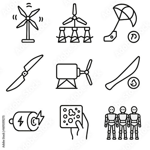 Innovation Icons Collection. Line style icons of Innovation & R&D Prototypes: multi-rotor turbine, suction bucket jacket test,