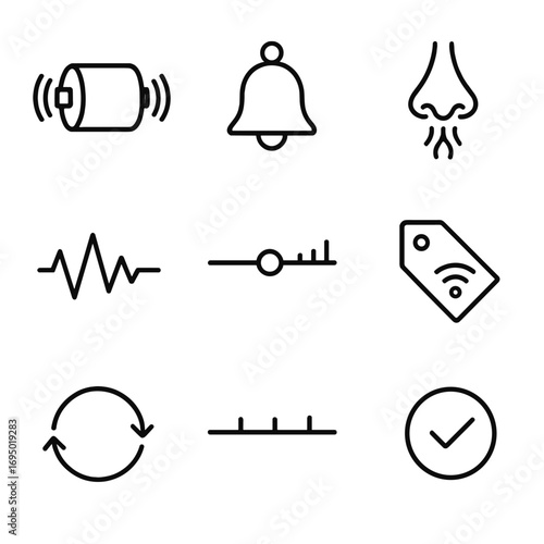 Haptic-Smell Icon Grid. Line style icons of Haptic-Smell Synchronization: vibration motor, timing cue bell, scent pulse icon, sync