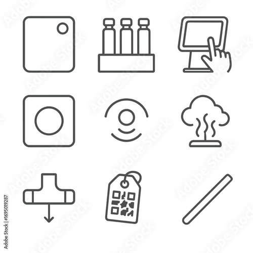 Scent Marketing Icons. Line style icons of Scent Marketing Kiosk: wall-mount diffuser, cartridge rack, touch screen, brand logo