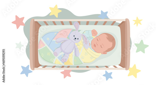 Illustration of a Sleeping Baby Adorably Snuggled in a Crib with a Plush Toy