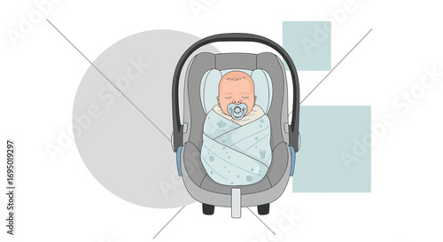 Illustration of a sleeping baby in a car seat, conceptual design, safety first