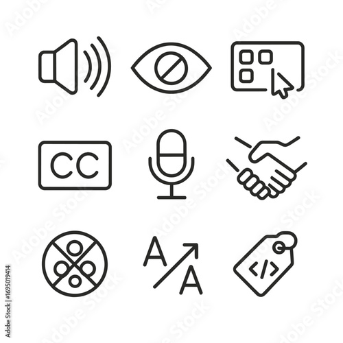 Accessibility Icons. Line style icons of Accessibility Features: screen reader wave, high-contrast eye, keyboard shortcut,
