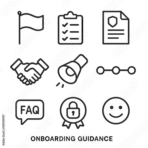 Onboarding Icons Collection. Line style icons of Onboarding Guidance: welcome flag, orientation checklist, policy doc, mentor