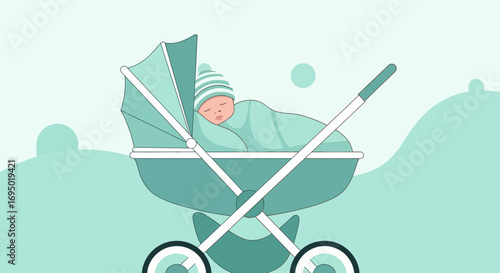 Illustration of a sleeping baby in a stroller on a light blue background