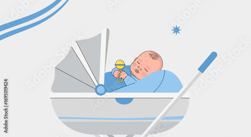Illustration of a sleeping baby in a stroller with a rattle and a blue blanket