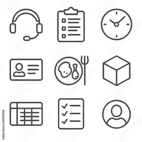 24-Hour Recall Icons. Line style icons of 24-Hour Recall Interview: interview headset, question list sheet, time stamp clock,