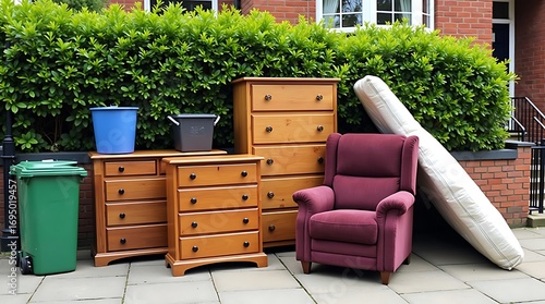 Discarded household furniture and trash bins placed outside for collection on a sunny day