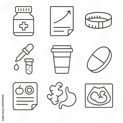 Pregnancy Nutrition Icons. Line style icons of Pregnancy Nutrition Assessment: prenatal vitamin bottle, weight gain chart, fundal