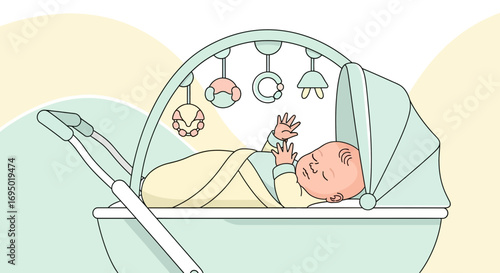 Illustration of a sleeping baby in a stroller with toys and a cheerful background