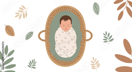 Illustration of a sleeping baby in a wicker basket with leaves and floral elements