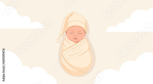 Illustration of a sleeping baby in a swaddle with clouds background