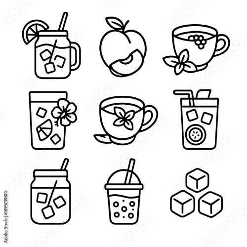 Iced Tea Icon Collection. Outline style icon of Iced Tea Flavors: lemon iced tea jar, peach tea slice, raspberry tea cup, hibiscus