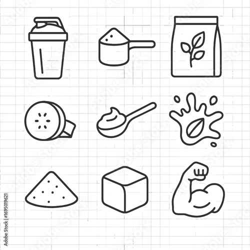 Protein Shake Icons. Outline style icon of Protein Shakes: shaker bottle, whey scoop, soy protein bag, banana chunk, peanut butter