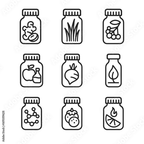 Functional Wellness Shots. Outline style icon of Functional Wellness Shots: turmeric ginger shot, wheatgrass shot, elderberry
