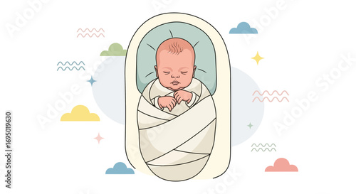 Illustration of a sleeping baby wrapped in a blanket inside a crib