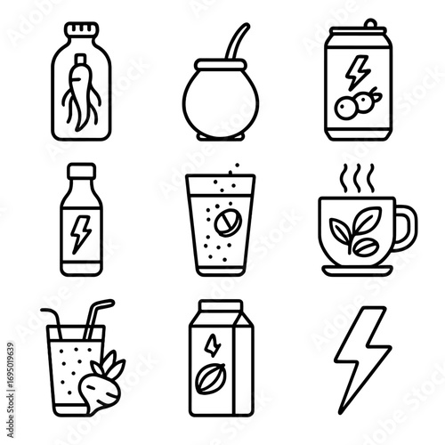 Energy Drink Icons. Outline style icon of Energy Booster Drinks: ginseng tonic, yerba mate gourd, guarana drink can, matcha energy