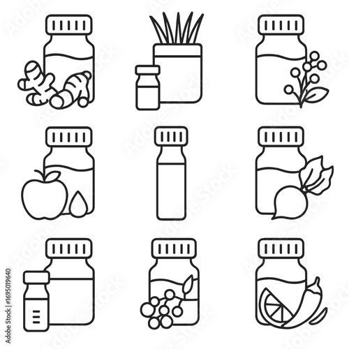 Functional Wellness Shots. Outline style icon of Functional Wellness Shots: turmeric ginger shot, wheatgrass shot, elderberry