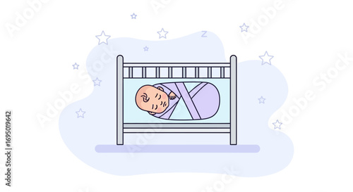 Illustration Of A Sleeping Baby Wrapped In A Blanket In A Cute Crib Resting Peacefully