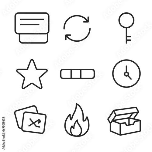 Study Card Icons. Outline style icon of Revision Study Cards: flashcard front, answer flip arrow, key term bold, mnemonic star,