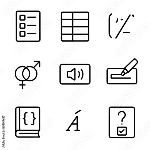 Language Learning Icons. Outline style icon of Language Learning Notes: vocabulary column, verb conjugation table, pronunciation