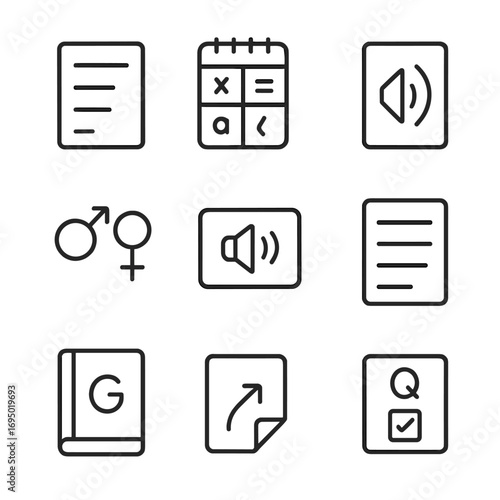 Language Learning Icons. Outline style icon of Language Learning Notes: vocabulary column, verb conjugation table, pronunciation