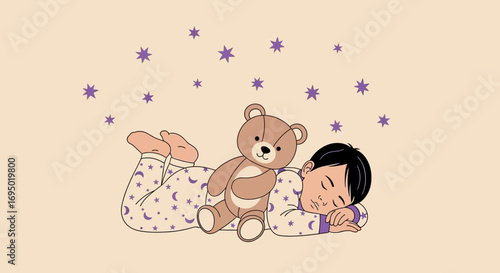 Illustration of a sleeping child with a teddy bear surrounded by stars in pajamas