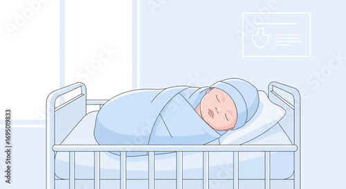 Illustration of a sleeping newborn baby wrapped in a blanket in a hospital crib