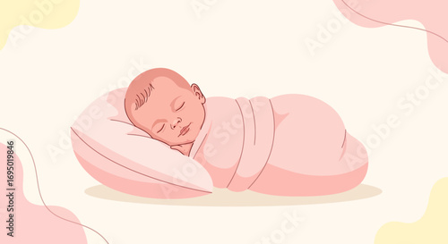 Illustration of a sleeping newborn baby wrapped in a blanket on a pillow