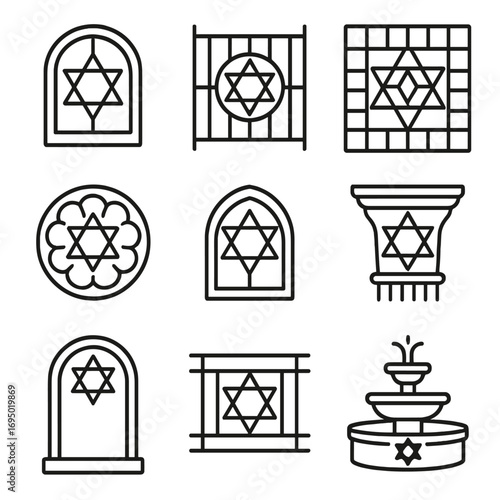 Star of David Icons. Outline style icon of Star of David Architecture: synagogue window star, wrought-iron gate star, tiled floor
