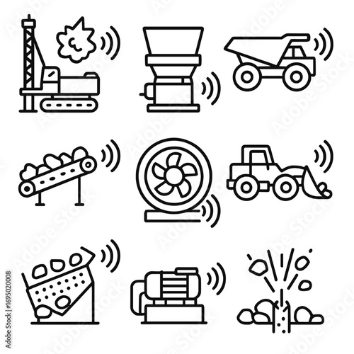Mining Operation Icons. Outline style icon of Mining Operation Noise: blast drill rig, rock crusher, haul truck rumble, conveyor