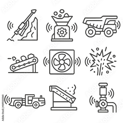 Mining Operation Icons. Outline style icon of Mining Operation Noise: blast drill rig, rock crusher, haul truck rumble, conveyor
