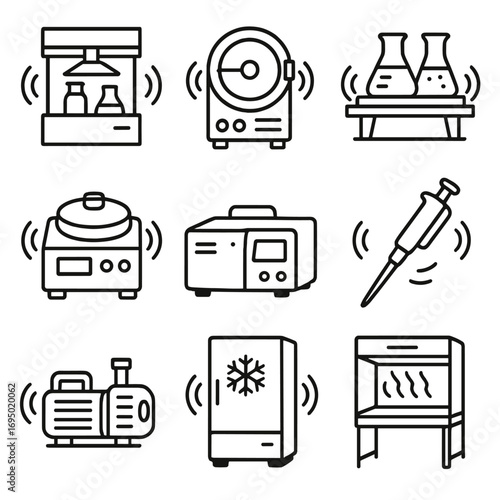 Outline Lab Equipment Icons. Outline style icon of Laboratory Equipment Noise: fume hood blower, autoclave steam, shaker table,