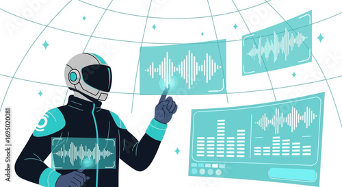 Astronaut manipulating data on holographic screens showcasing futuristic interface technology in