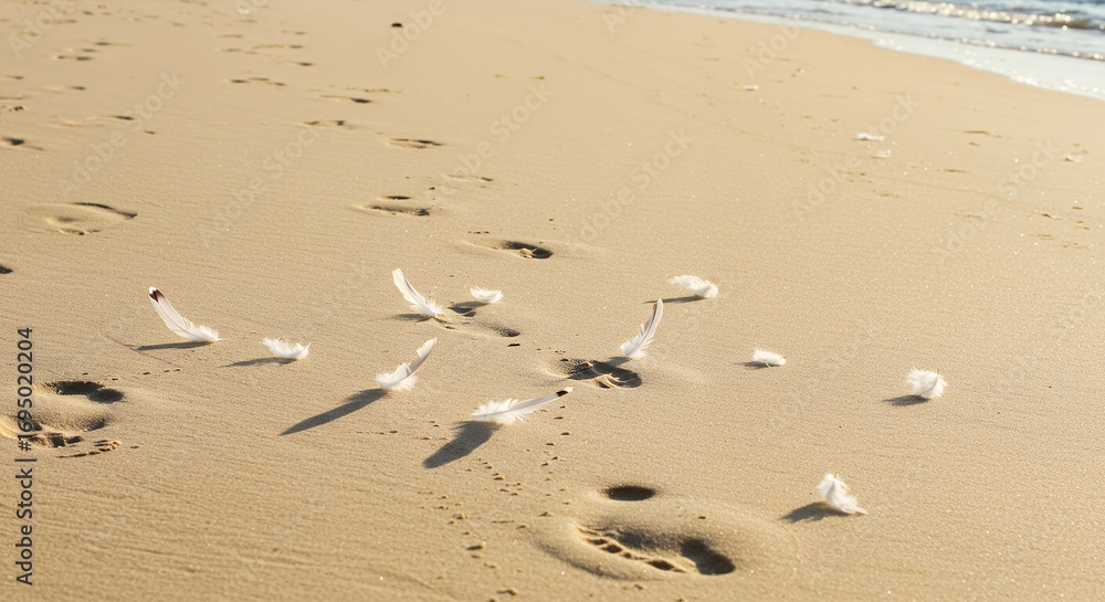 Sandy beach shoreline with footprints and sea foam under sunlight Sandy beach shoreline with footprints and sea foam under sunlight