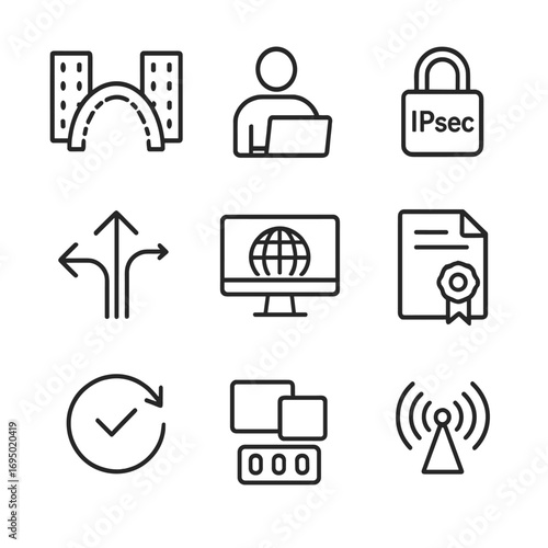 VPN Management Icons. Outline style icon of VPN Management Consoles: site-to-site tunnel, remote user icon, IPsec padlock, SSL