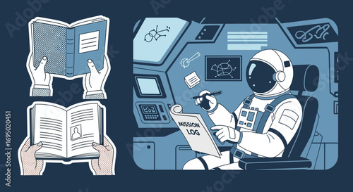 Astronaut's literary journey illustrations depicting space exploration and the love for reading