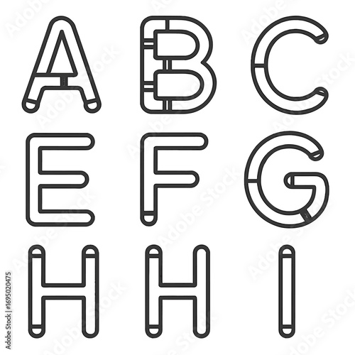 Neon Alphabet Tubes. Outline style icon of Neon Alphabet Letters: capital A tube, capital B tube, capital C tube, capital D tube,