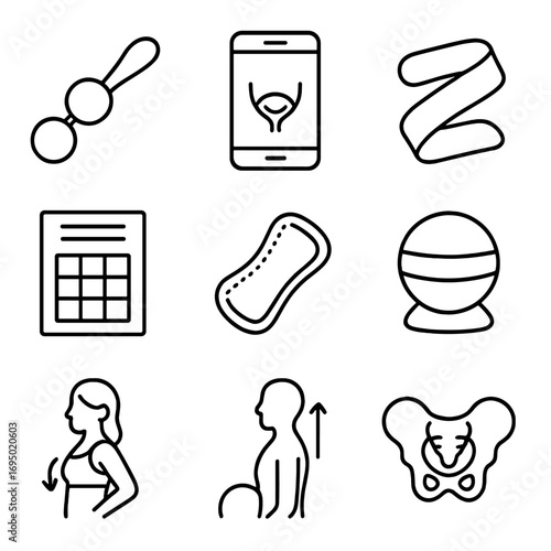Pelvic Floor Health Icons. Outline style icon of Pelvic Floor Health: Kegel ball set, pelvic trainer app, physio band, bladder