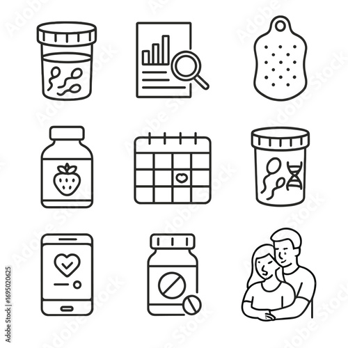 Fertility Planning Icons. Outline style icon of Fertility & Family Planning: sperm analysis jar, semen count chart, scrotal