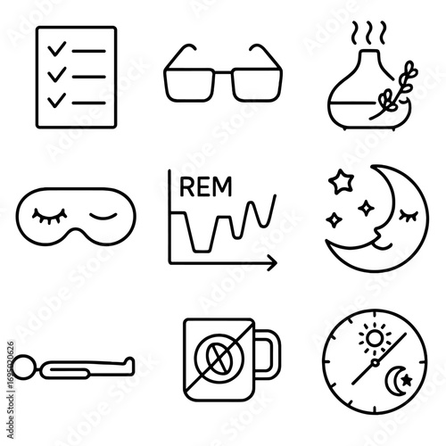 Sleep Health Icons. Outline style icon of Sleep & Hormonal Health: bedtime routine list, blue-light glasses, lavender diffuser,