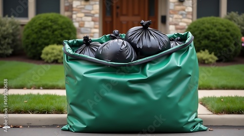A large green garbage bag filled with trash and refuse is placed on the curb in front of a suburban house ready for collection day