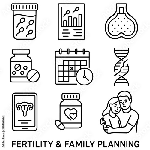 Fertility Planning Icons. Outline style icon of Fertility & Family Planning: sperm analysis jar, semen count chart, scrotal