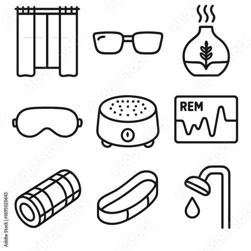 Sleep and Recovery Icons. Outline style icon of Sleep & Recovery: blackout curtain, blue-light glasses, lavender diffuser, sleep