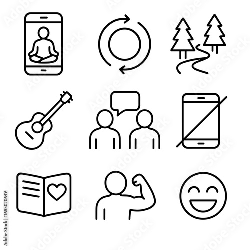 Stress Reduction Icons. Outline style icon of Stress Reduction Techniques: meditation app, deep-breathing circle, nature walk path