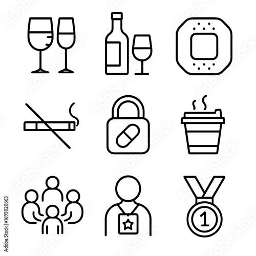 Substance Moderation Icons. Outline style icon of Substance Use & Moderation: low-risk drink guide, alcohol limit icon, smoke