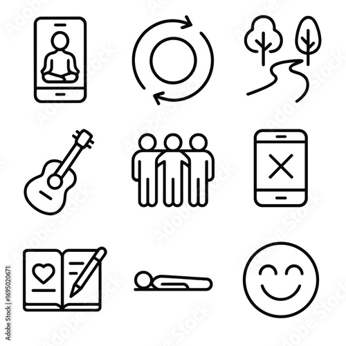 Stress Reduction Icons. Outline style icon of Stress Reduction Techniques: meditation app, deep-breathing circle, nature walk path