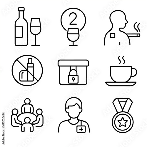 Substance Moderation Icons. Outline style icon of Substance Use & Moderation: low-risk drink guide, alcohol limit icon, smoke
