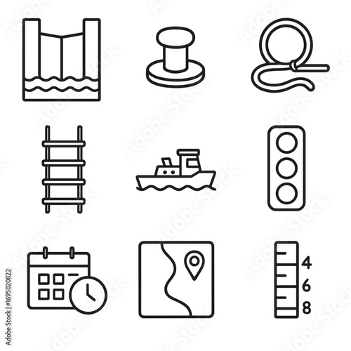 Canal Transit Aids Icons. Outline style icon of Canal Transit Aids: lock chamber icon, bollard post, mooring line, pilot ladder,